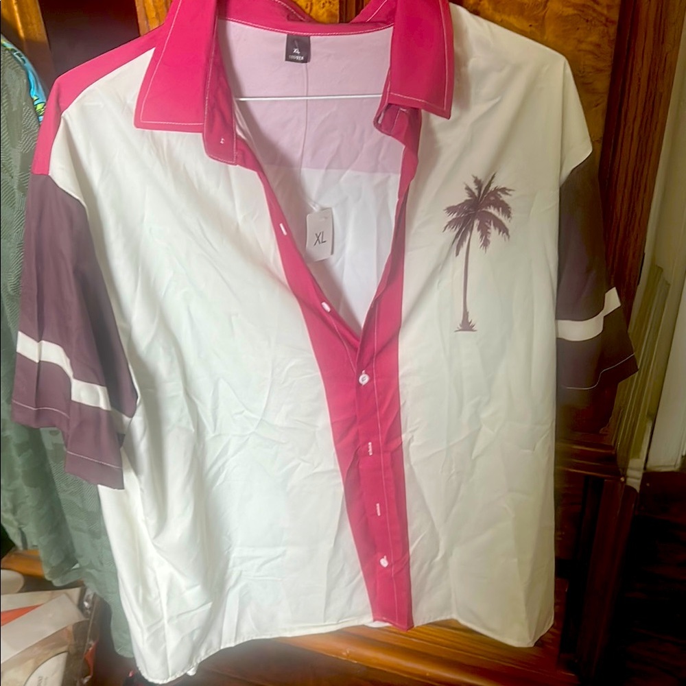 White and Pink Casual Button Down Shirt with Palm Tree Design